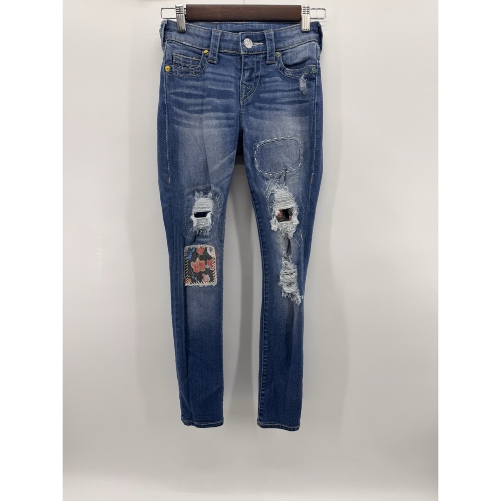 True Religion Halle Jeans Girls Size 23 Mid Rise Super Skinny Distressed Patch